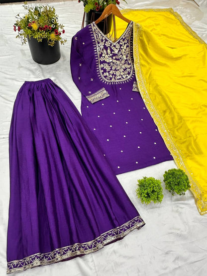 Function Wear Purple Color Heavy Pure Chinon Silk With 5mm Embroidery Sequence Work Palazzo Suit
