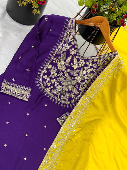 Function Wear Purple Color Heavy Pure Chinon Silk With 5mm Embroidery Sequence Work Palazzo Suit