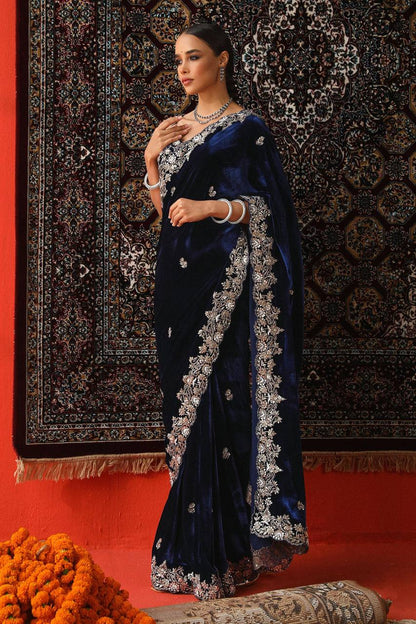 Designer Navy Color Viscose Velvet Saree