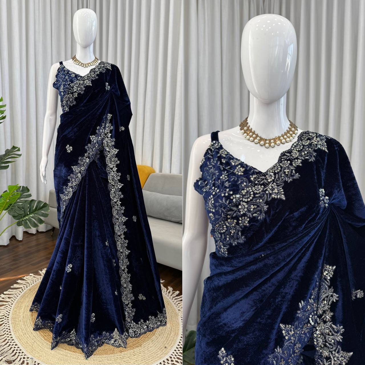 Designer Navy Color Viscose Velvet Saree