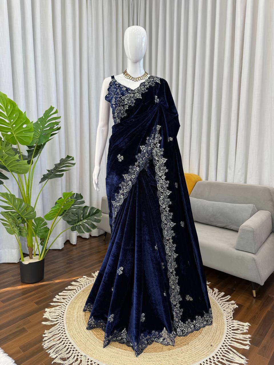 Designer Navy Color Viscose Velvet Saree
