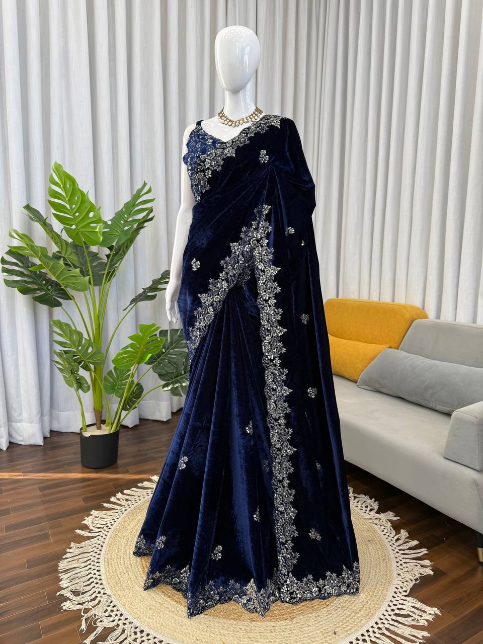 Designer Navy Color Viscose Velvet Saree