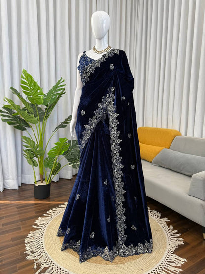Designer Navy Color Viscose Velvet Saree