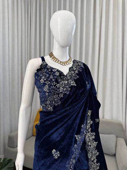 Designer Navy Color Viscose Velvet Saree