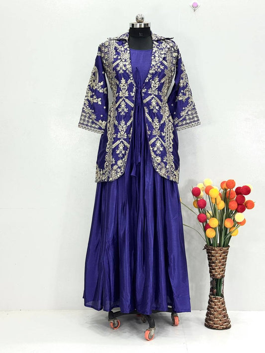 Wedding Wear Royal Blue Color Chinon Koti With Gown Set