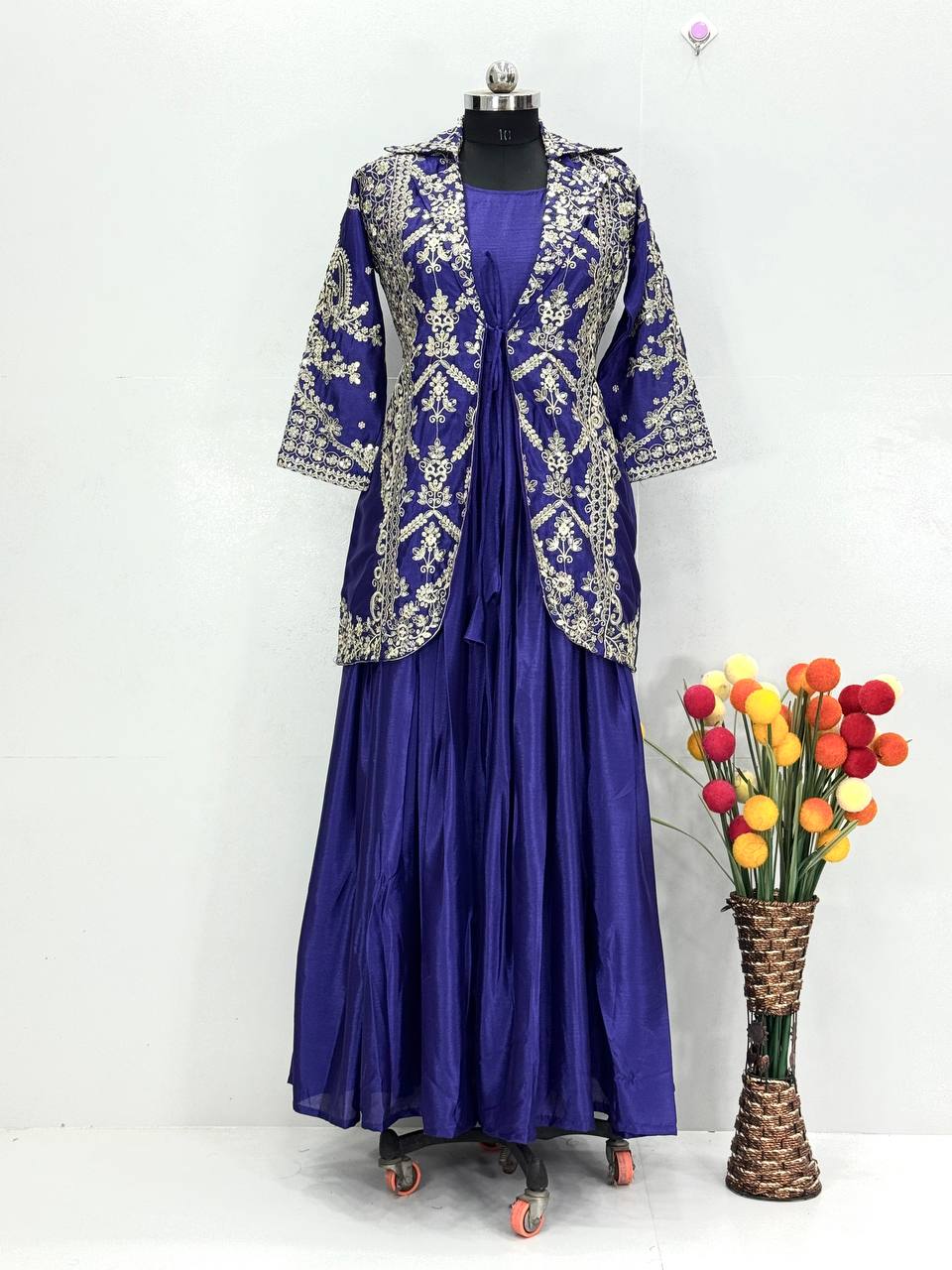 Wedding Wear Royal Blue Color Chinon Koti With Gown Set