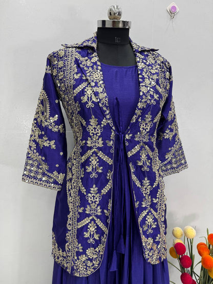 Wedding Wear Royal Blue Color Chinon Koti With Gown Set