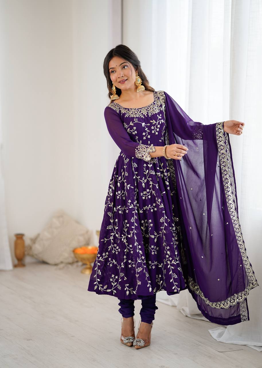 Arti Chahan Wear Purple Color Embroidery Work Anarkali Suit
