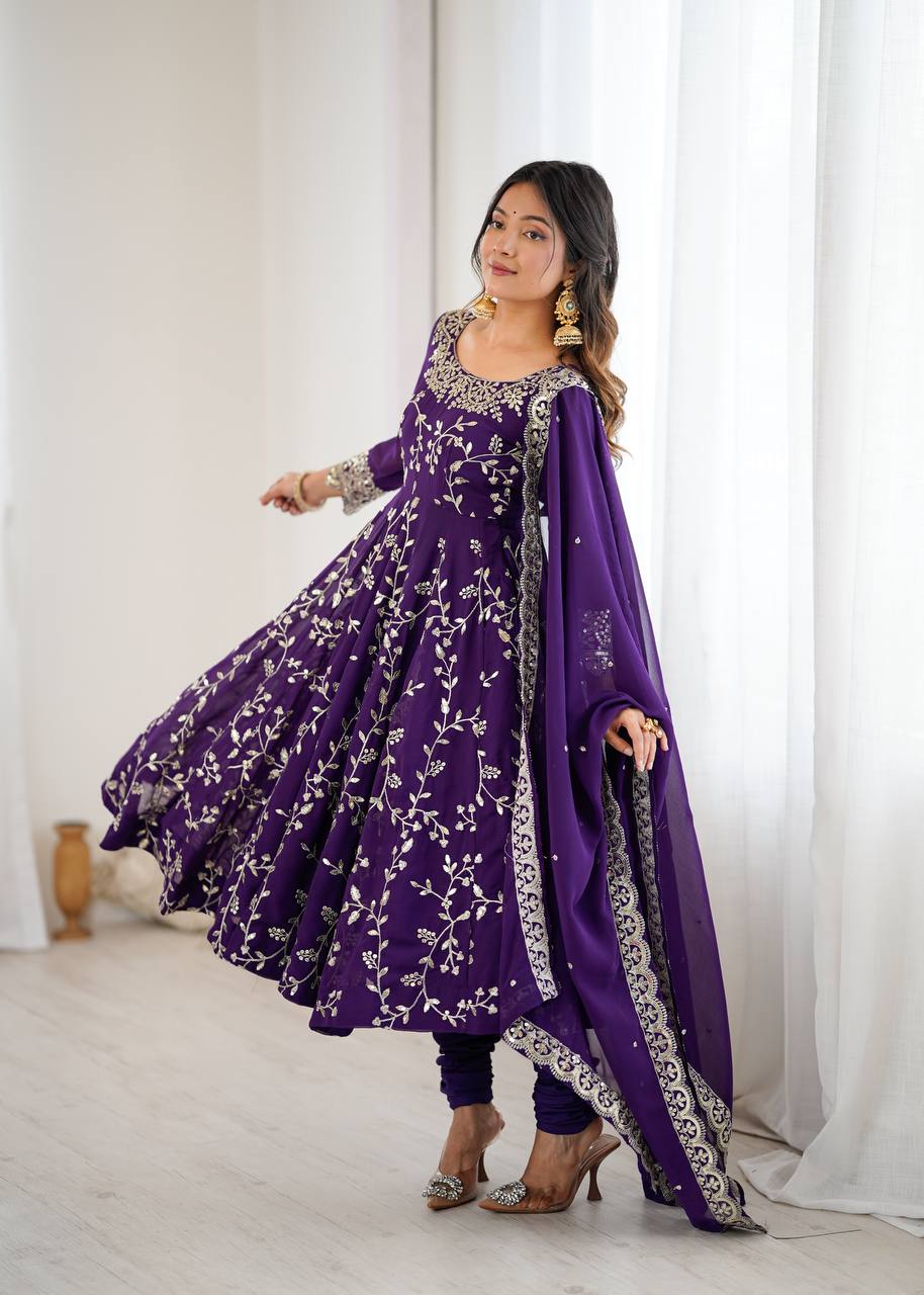 Arti Chahan Wear Purple Color Embroidery Work Anarkali Suit