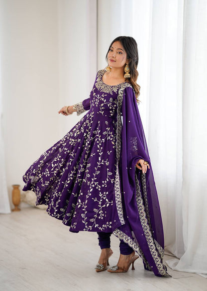 Arti Chahan Wear Purple Color Embroidery Work Anarkali Suit