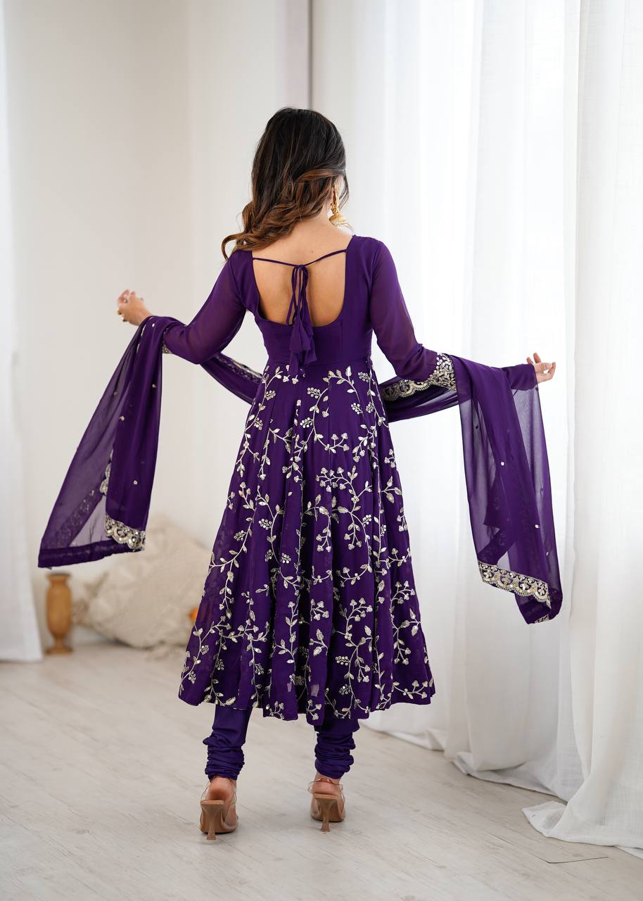 Arti Chahan Wear Purple Color Embroidery Work Anarkali Suit