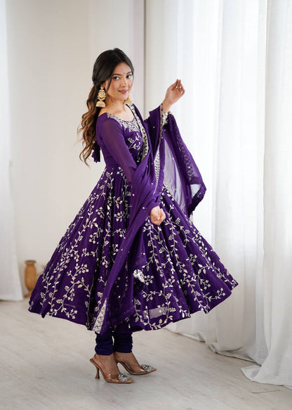Arti Chahan Wear Purple Color Embroidery Work Anarkali Suit