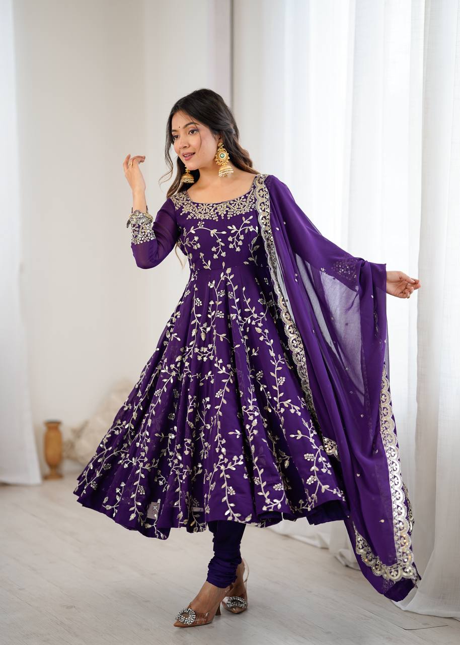 Arti Chahan Wear Purple Color Embroidery Work Anarkali Suit