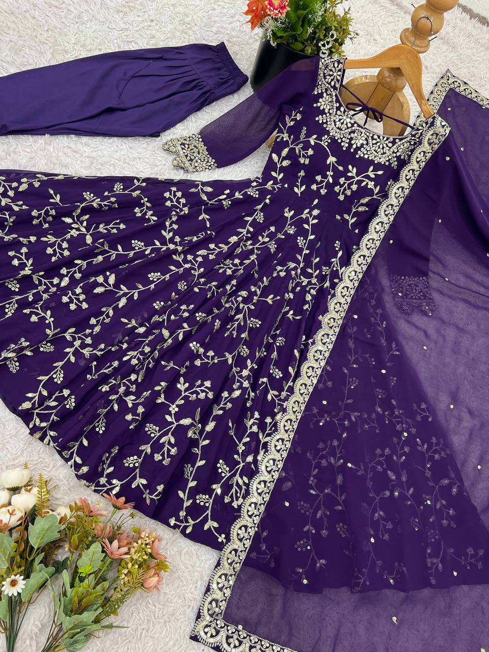 Arti Chahan Wear Purple Color Embroidery Work Anarkali Suit