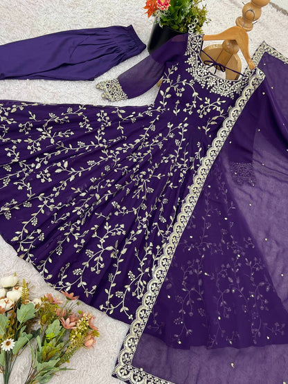 Arti Chahan Wear Purple Color Embroidery Work Anarkali Suit