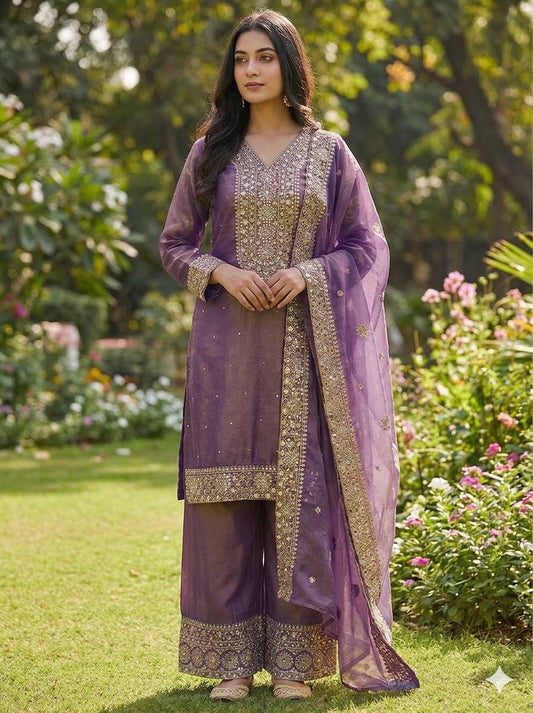Purple Color Embroidery Sequence And Hand Diamond Work Palazzo Suit
