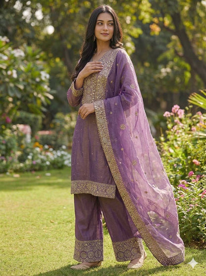 Purple Color Embroidery Sequence And Hand Diamond Work Palazzo Suit