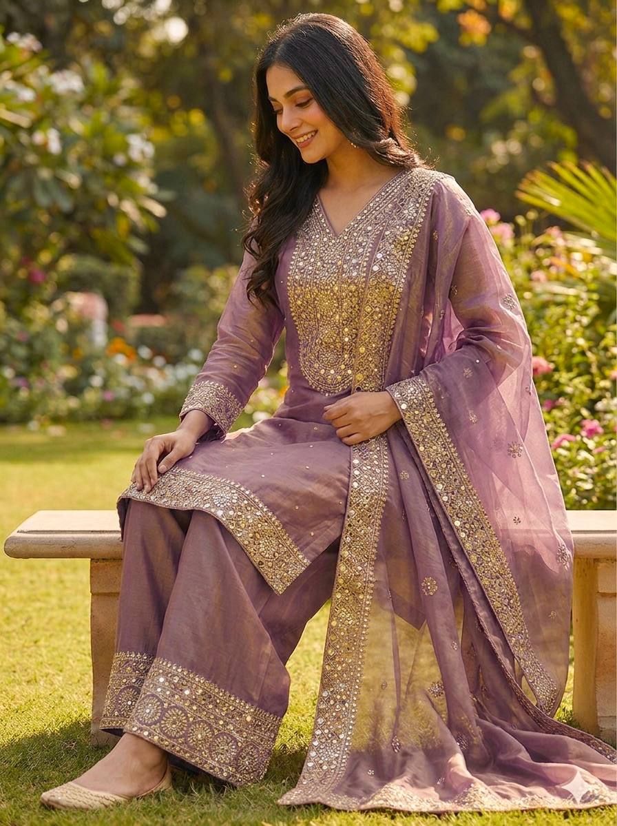 Purple Color Embroidery Sequence And Hand Diamond Work Palazzo Suit