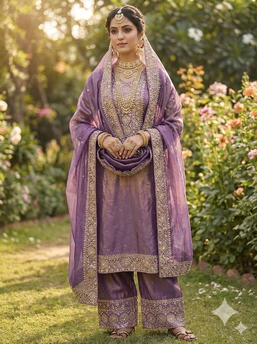 Purple Color Embroidery Sequence And Hand Diamond Work Palazzo Suit