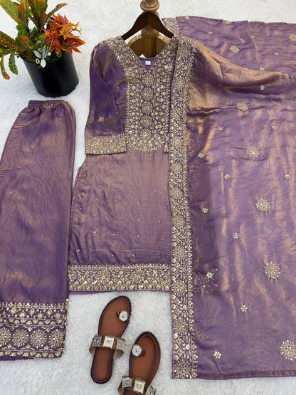 Purple Color Embroidery Sequence And Hand Diamond Work Palazzo Suit