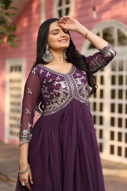 Fantastic Wine Color Faux Georgette With Sequence Work Beautiful Gown