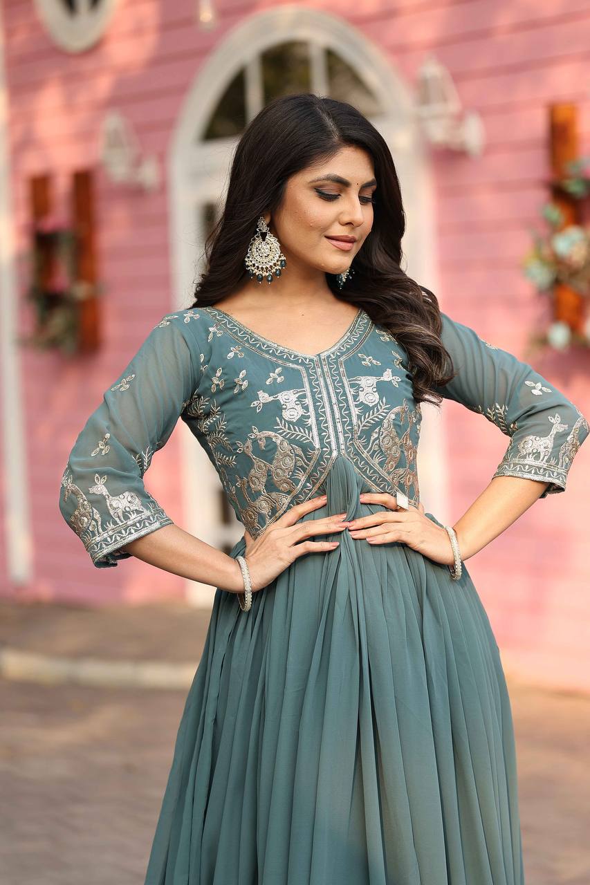 Fantastic Auqa Green Color Faux Georgette With Sequence Work Beautiful Gown