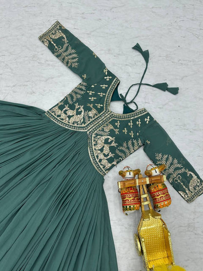 Fantastic Auqa Green Color Faux Georgette With Sequence Work Beautiful Gown