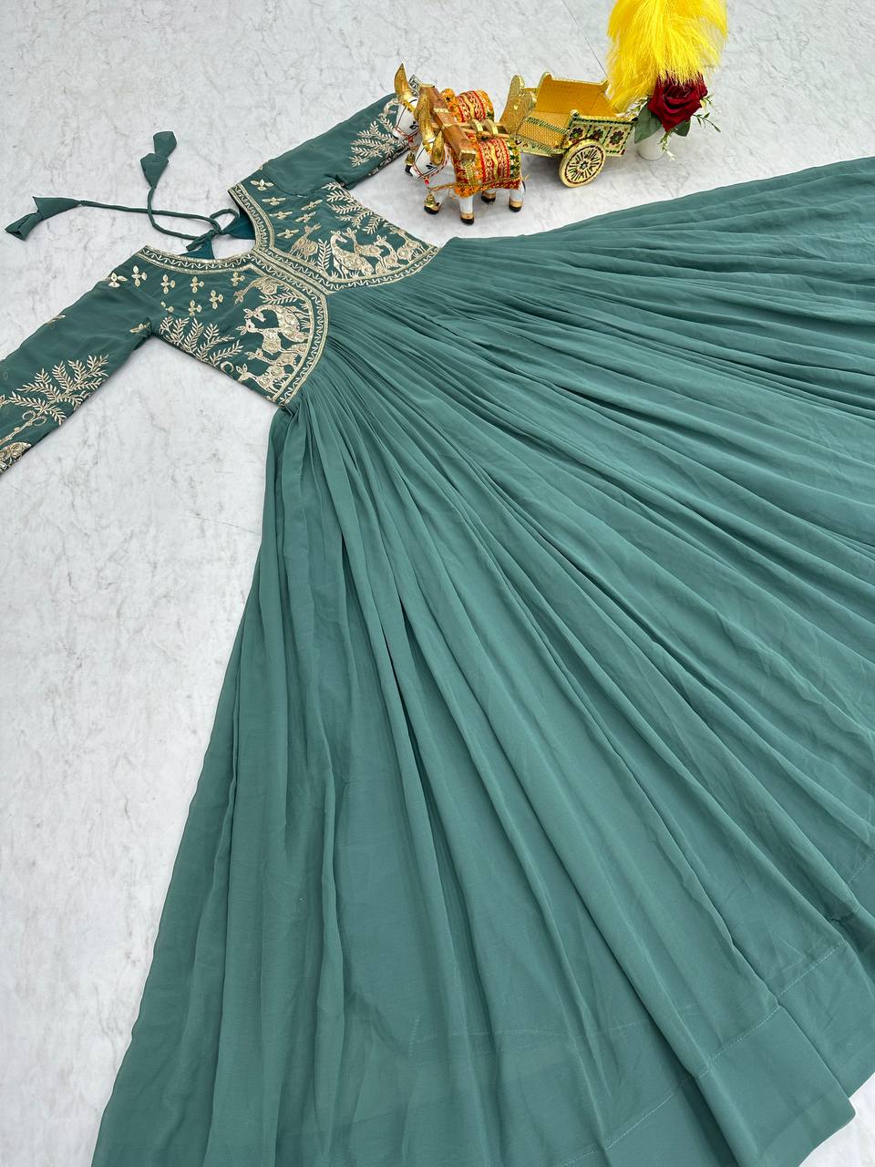 Fantastic Auqa Green Color Faux Georgette With Sequence Work Beautiful Gown
