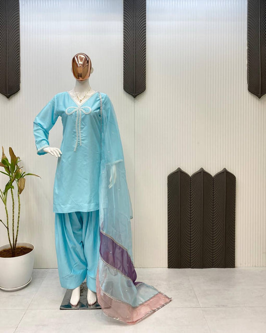 Function Wear Sky Color French Crepe With Beads Work Designer Salwar Suit