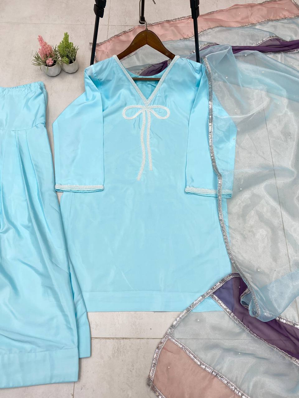 Function Wear Sky Color French Crepe With Beads Work Designer Salwar Suit