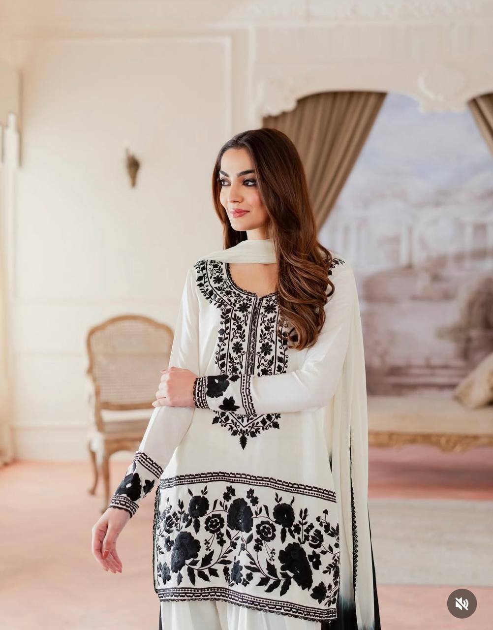 Fashionable Black And White Color Embroidered Farshi Palazzo Suit With Dupatta