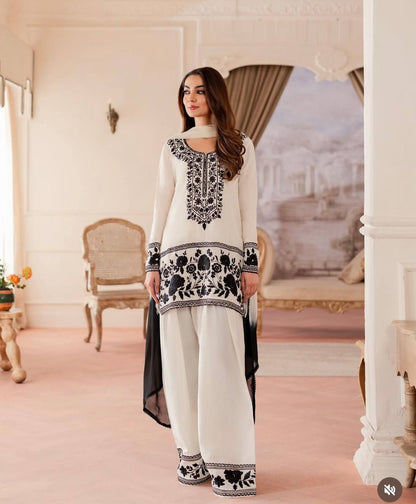 Fashionable Black And White Color Embroidered Farshi Palazzo Suit With Dupatta