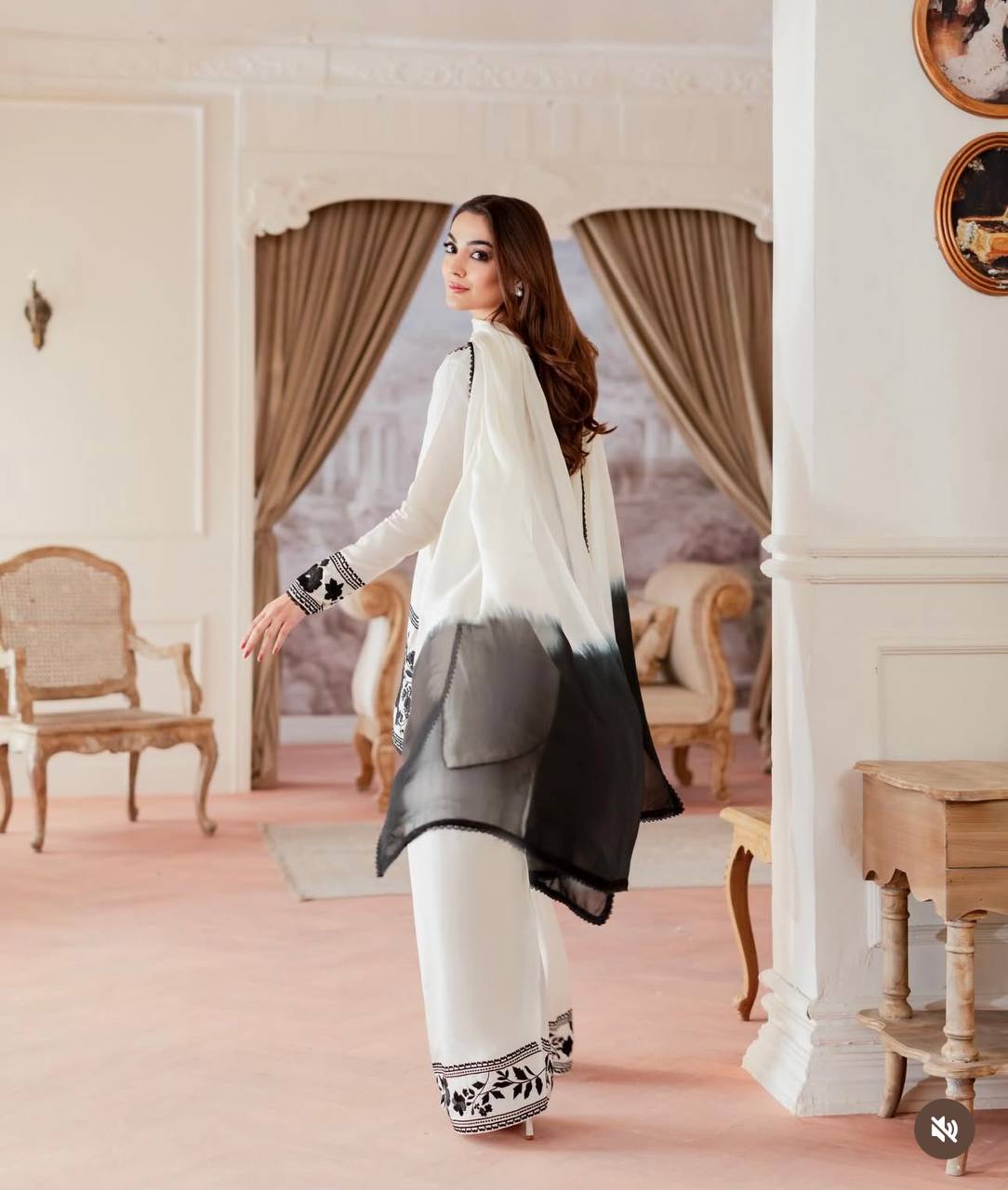 Fashionable Black And White Color Embroidered Farshi Palazzo Suit With Dupatta