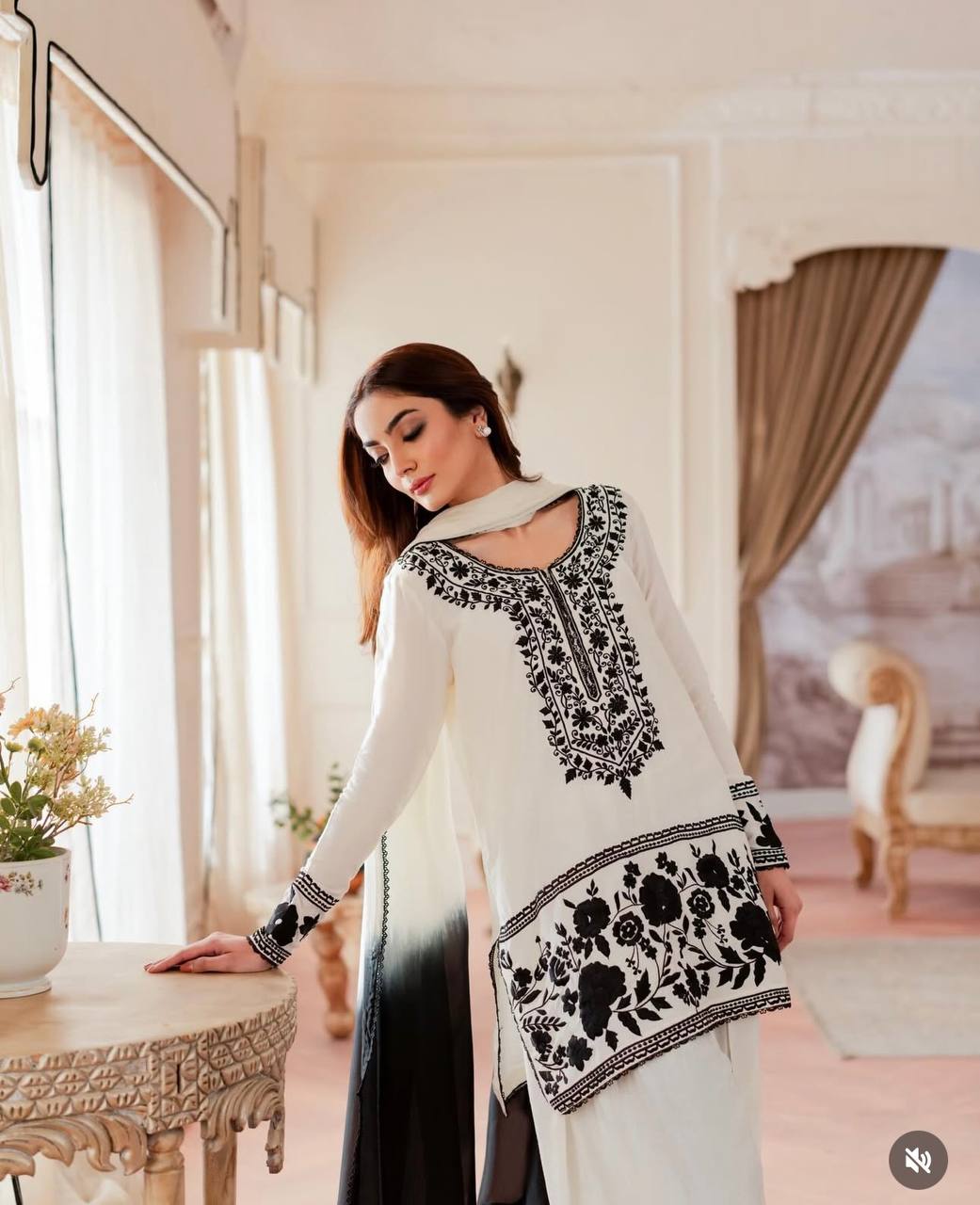 Fashionable Black And White Color Embroidered Farshi Palazzo Suit With Dupatta