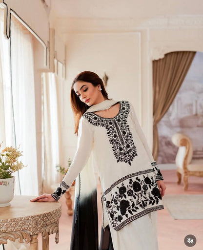 Fashionable Black And White Color Embroidered Farshi Palazzo Suit With Dupatta