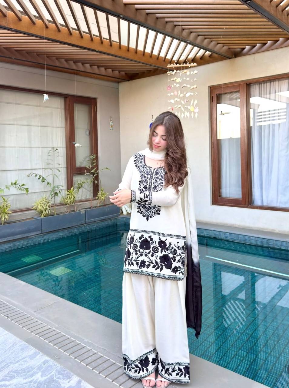 Fashionable Black And White Color Embroidered Farshi Palazzo Suit With Dupatta