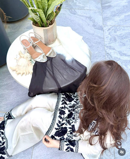 Fashionable Black And White Color Embroidered Farshi Palazzo Suit With Dupatta