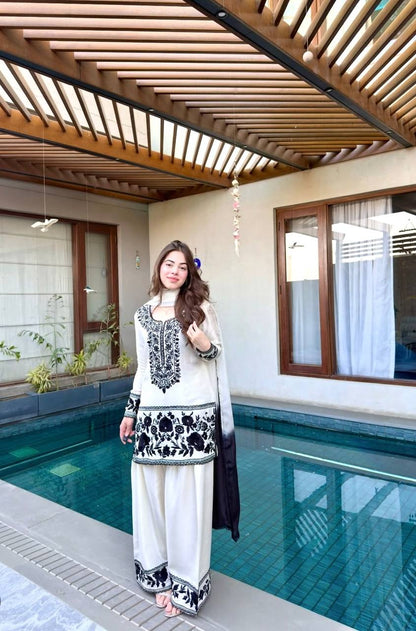 Fashionable Black And White Color Embroidered Farshi Palazzo Suit With Dupatta