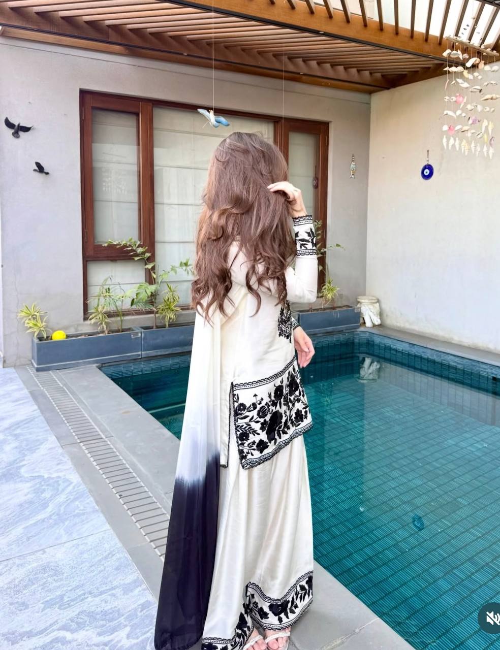 Fashionable Black And White Color Embroidered Farshi Palazzo Suit With Dupatta