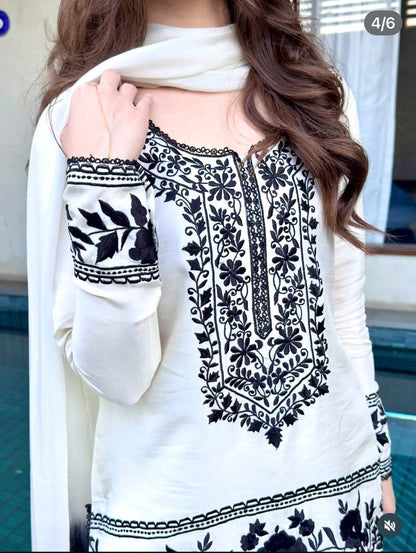 Fashionable Black And White Color Embroidered Farshi Palazzo Suit With Dupatta