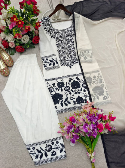 Fashionable Black And White Color Embroidered Farshi Palazzo Suit With Dupatta