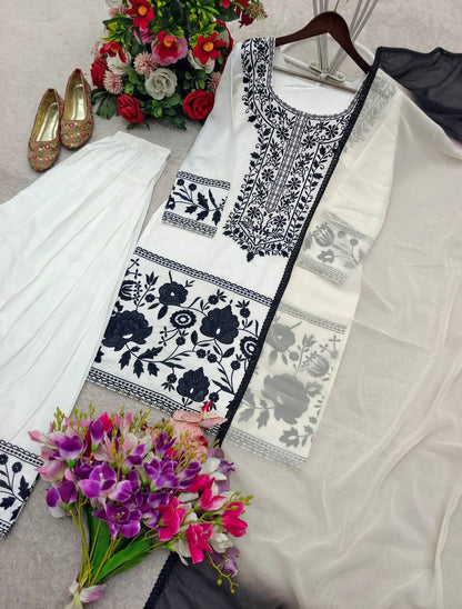 Fashionable Black And White Color Embroidered Farshi Palazzo Suit With Dupatta