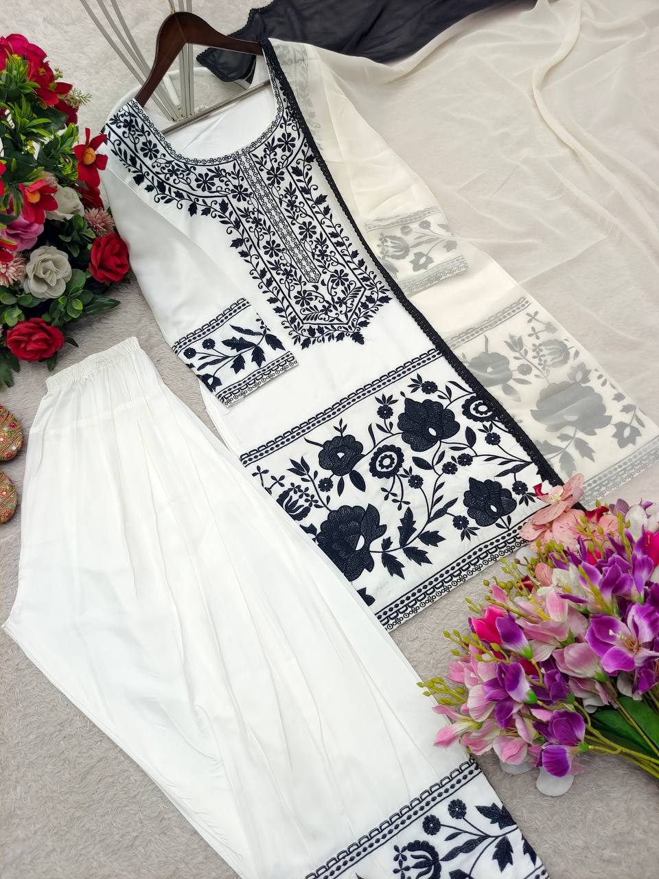 Fashionable Black And White Color Embroidered Farshi Palazzo Suit With Dupatta