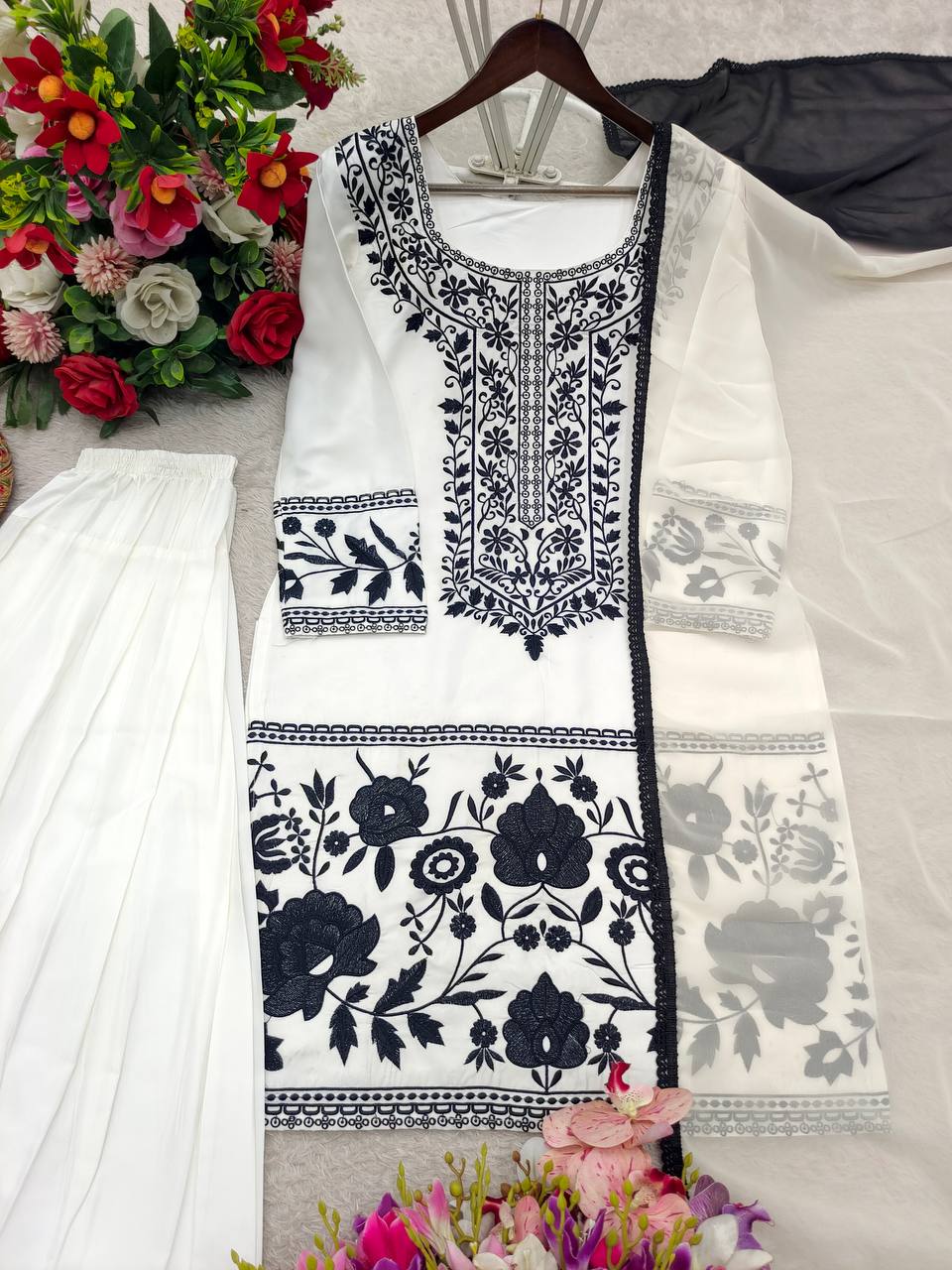 Fashionable Black And White Color Embroidered Farshi Palazzo Suit With Dupatta