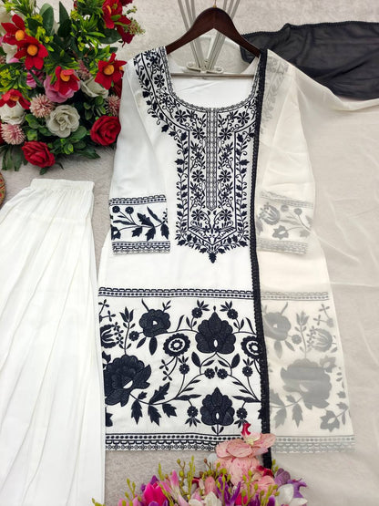 Fashionable Black And White Color Embroidered Farshi Palazzo Suit With Dupatta