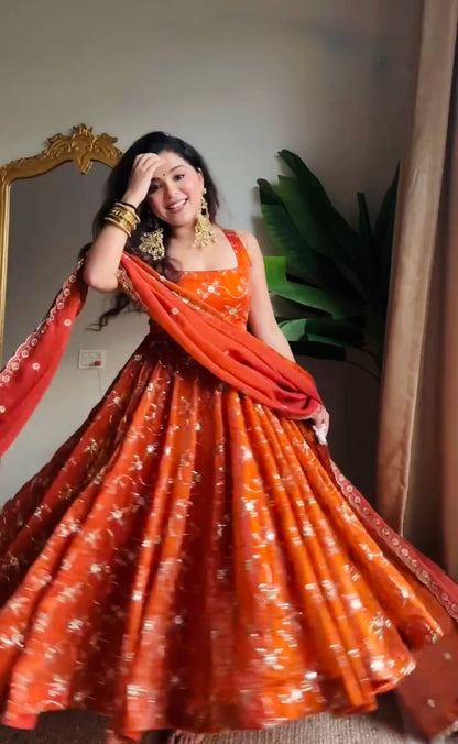 Neha's Orange Color Fendy Silk Anarkali Gown Set