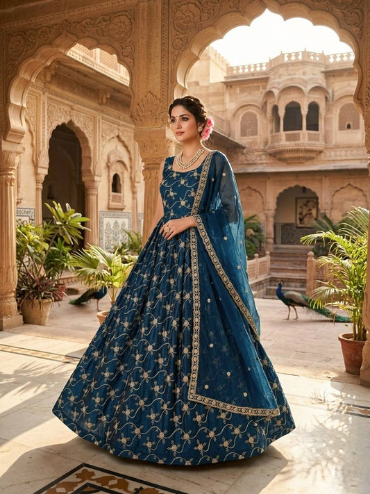 Party Wear Teal Color Fendy Silk Anarkali Gown Set