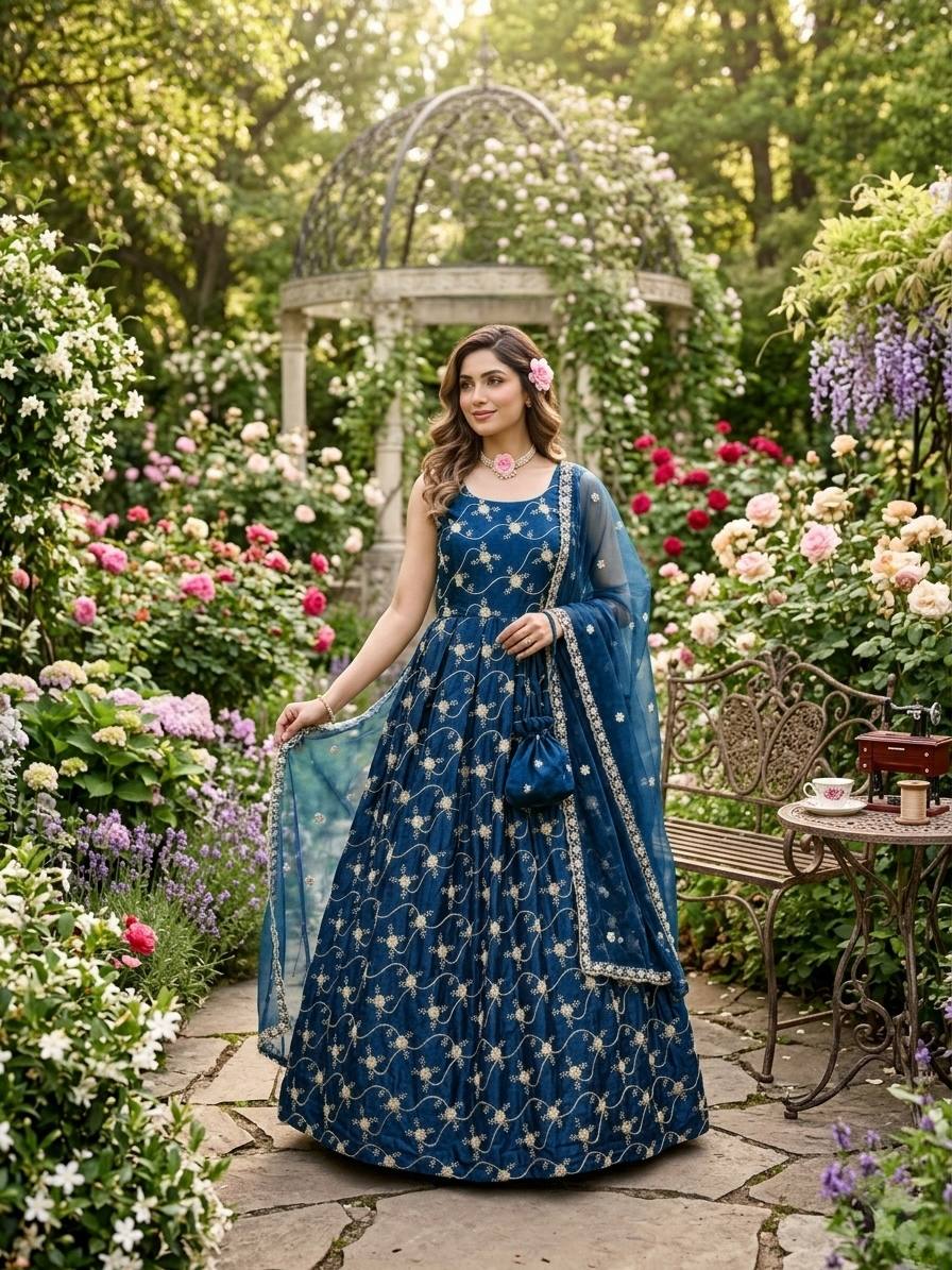 Party Wear Teal Color Fendy Silk Anarkali Gown Set