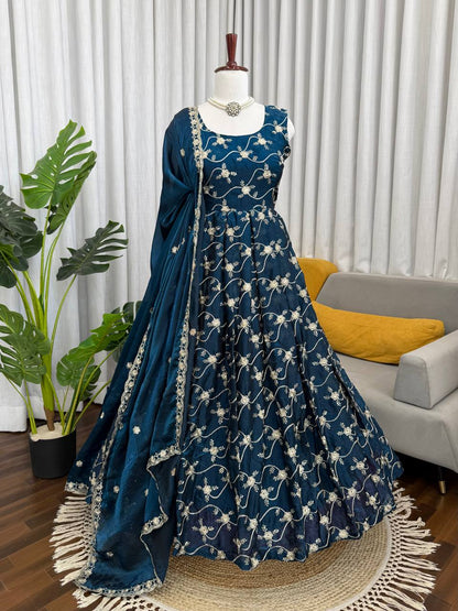 Party Wear Teal Color Fendy Silk Anarkali Gown Set
