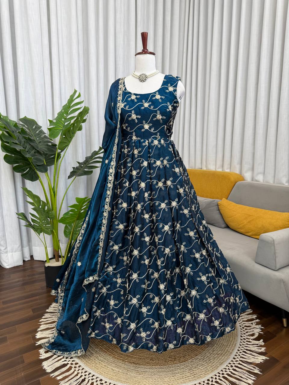 Party Wear Teal Color Fendy Silk Anarkali Gown Set